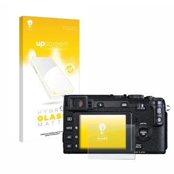 Face avant d’un emballage produit avec le logo de la marque upscreen. À côté, l’appareil Fujifilm X-E1 est représenté avec la 