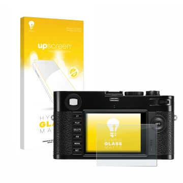 Face avant d’un emballage produit avec le logo de la marque upscreen. À côté, l’appareil Leica M (Typ 240) est représenté avec