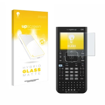 Face avant d’un emballage produit avec le logo de la marque upscreen. À côté, l’appareil Texas Instruments Nspire CX CAS est r