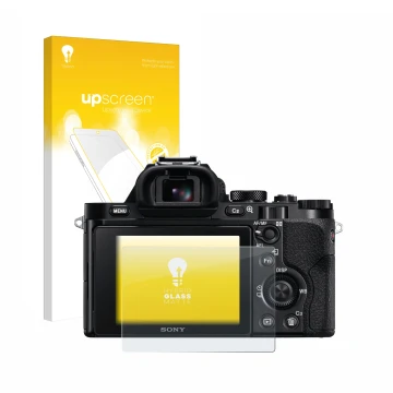 Face avant d’un emballage produit avec le logo de la marque upscreen. À côté, l’appareil Sony Alpha 7 (ILCE-7) est représenté 
