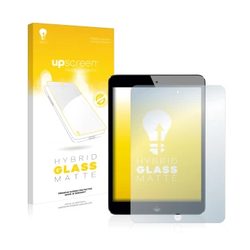 Face avant d’un emballage produit avec le logo de la marque upscreen. À côté, l’appareil Apple iPad Mini 2 2013 est représenté