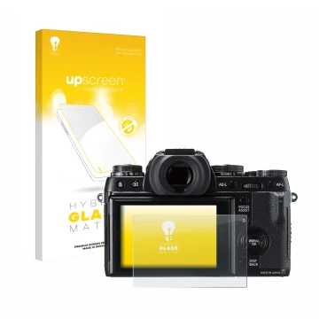 Face avant d’un emballage produit avec le logo de la marque upscreen. À côté, l’appareil Fujifilm X-T1 est représenté avec la 