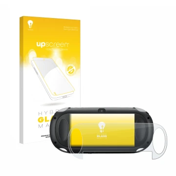 Face avant d’un emballage produit avec le logo de la marque upscreen. À côté, l’appareil Sony Playstation PCH-1000-Serie PS Vi