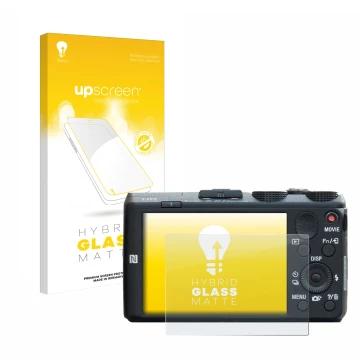 Face avant d’un emballage produit avec le logo de la marque upscreen. À côté, l’appareil Sony Cyber-Shot DSC-HX60 est représen