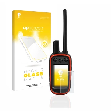 Face avant d’un emballage produit avec le logo de la marque upscreen. À côté, l’appareil Garmin Alpha 100 est représenté avec 