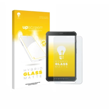 Face avant d’un emballage produit avec le logo de la marque upscreen. À côté, l’appareil Samsung Galaxy Tab Active SM-T365 est