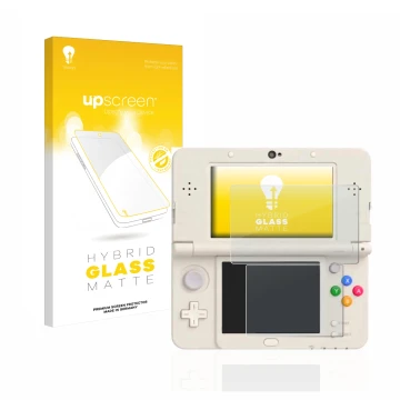 Face avant d’un emballage produit avec le logo de la marque upscreen. À côté, l’appareil Nintendo New 3DS est représenté avec 