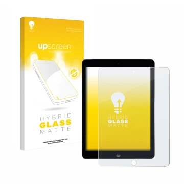 Face avant d’un emballage produit avec le logo de la marque upscreen. À côté, l’appareil Apple iPad Air 2 2014 est représenté 