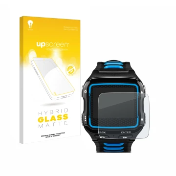 Face avant d’un emballage produit avec le logo de la marque upscreen. À côté, l’appareil Garmin Forerunner 920XT est représent