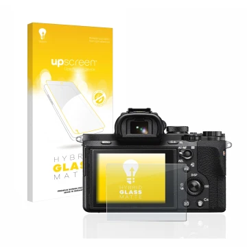 Face avant d’un emballage produit avec le logo de la marque upscreen. À côté, l’appareil Sony Alpha 7 II (ILCE-7M2) est représ