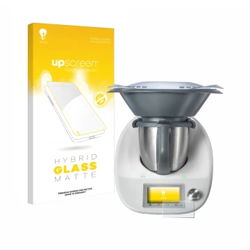 Face avant d’un emballage produit avec le logo de la marque upscreen. À côté, l’appareil Vorwerk Thermomix TM5 est représenté 
