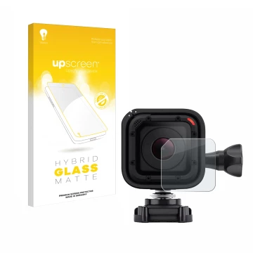 Face avant d’un emballage produit avec le logo de la marque upscreen. À côté, l’appareil GoPro Hero 4 Session Lentille (Caisse