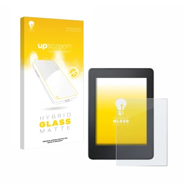 Face avant d’un emballage produit avec le logo de la marque upscreen. À côté, l’appareil Amazon Kindle Paperwhite 2015 (7ème G