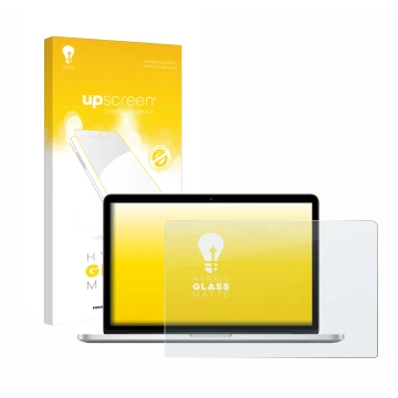 Face avant d’un emballage produit avec le logo de la marque upscreen. À côté, l’appareil Apple MacBook Retina Pro 13