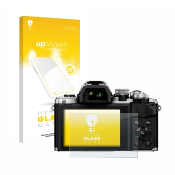 Face avant d’un emballage produit avec le logo de la marque upscreen. À côté, l’appareil Olympus OM-D E-M10 Mark II est représ