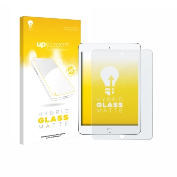 Face avant d’un emballage produit avec le logo de la marque upscreen. À côté, l’appareil Apple iPad Mini 4 2015 est représenté