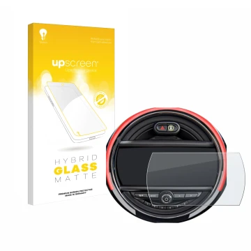 Face avant d’un emballage produit avec le logo de la marque upscreen. À côté, l’appareil Mini Cooper R56 (6.5