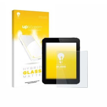 Face avant d’un emballage produit avec le logo de la marque upscreen. À côté, l’appareil est représenté avec la protection d’é