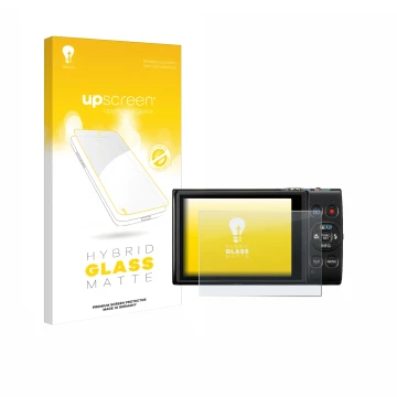 Face avant d’un emballage produit avec le logo de la marque upscreen. À côté, l’appareil Canon Digital Ixus 285 hs est représe