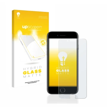 Face avant d’un emballage produit avec le logo de la marque upscreen. À côté, l’appareil Apple iPhone 7 est représenté avec la