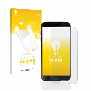 Face avant d’un emballage produit avec le logo de la marque upscreen. À côté, l’appareil Samsung Galaxy S7 est représenté avec