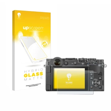 Face avant d’un emballage produit avec le logo de la marque upscreen. À côté, l’appareil Olympus PEN-F est représenté avec la 