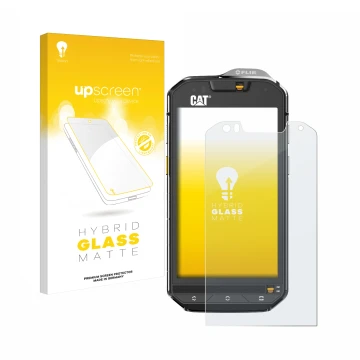 Face avant d’un emballage produit avec le logo de la marque upscreen. À côté, l’appareil Caterpillar Cat S60 est représenté av