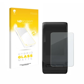 Face avant d’un emballage produit avec le logo de la marque upscreen. À côté, l’appareil Garmin vivoactive HR est représenté a