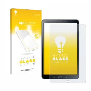 Face avant d’un emballage produit avec le logo de la marque upscreen. À côté, l’appareil Samsung Galaxy Tab A 10.1 2016 SM-T58