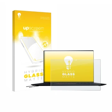 Face avant d’un emballage produit avec le logo de la marque upscreen. À côté, l’appareil Lenovo ThinkPad X1 Yoga (2e Gen.) est