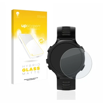 Face avant d’un emballage produit avec le logo de la marque upscreen. À côté, l’appareil Garmin Forerunner 735XT est représent