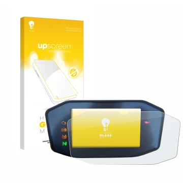 Face avant d’un emballage produit avec le logo de la marque upscreen. À côté, l’appareil KTM 690 Duke 2016 est représenté avec