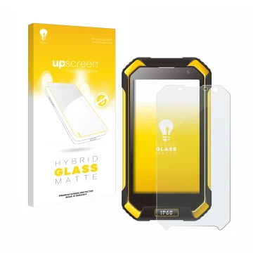 Face avant d’un emballage produit avec le logo de la marque upscreen. À côté, l’appareil Blackview BV6000 est représenté avec 