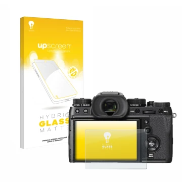 Face avant d’un emballage produit avec le logo de la marque upscreen. À côté, l’appareil Fujifilm X-T2 est représenté avec la 