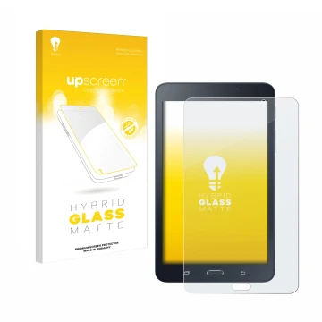 Face avant d’un emballage produit avec le logo de la marque upscreen. À côté, l’appareil Samsung Galaxy Tab A6 7.0 est représe