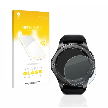 Face avant d’un emballage produit avec le logo de la marque upscreen. À côté, l’appareil Samsung Gear S3 Frontier est représen
