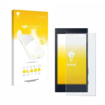 Face avant d’un emballage produit avec le logo de la marque upscreen. À côté, l’appareil Sony Xperia X Compact est représenté 