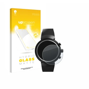 Face avant d’un emballage produit avec le logo de la marque upscreen. À côté, l’appareil ASUS ZenWatch 3 1.39