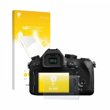 Face avant d’un emballage produit avec le logo de la marque upscreen. À côté, l’appareil Panasonic Lumix DMC-FZ2000 est représ
