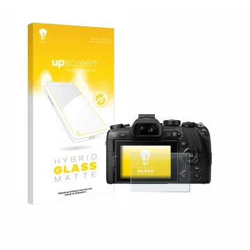 Face avant d’un emballage produit avec le logo de la marque upscreen. À côté, l’appareil Olympus OM-D E-M1 Mark II est représe