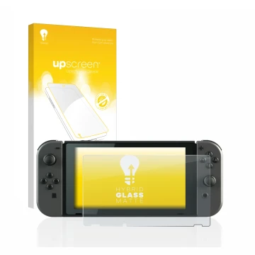 Face avant d’un emballage produit avec le logo de la marque upscreen. À côté, l’appareil Nintendo Switch est représenté avec l