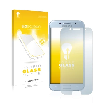 Face avant d’un emballage produit avec le logo de la marque upscreen. À côté, l’appareil Samsung Galaxy A5 2017 est représenté