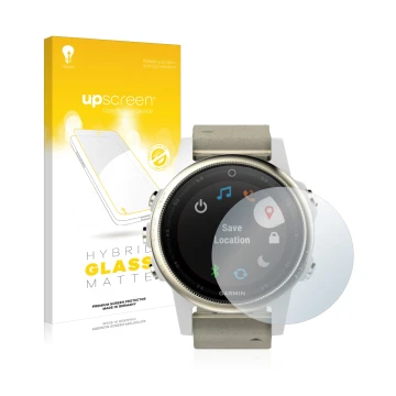 Face avant d’un emballage produit avec le logo de la marque upscreen. À côté, l’appareil Garmin Fenix 5S (42 mm) est représent