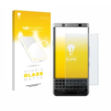 Face avant d’un emballage produit avec le logo de la marque upscreen. À côté, l’appareil BlackBerry Keyone est représenté avec