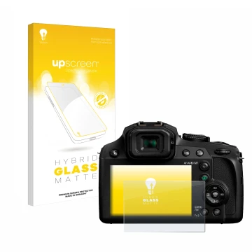 Face avant d’un emballage produit avec le logo de la marque upscreen. À côté, l’appareil Panasonic Lumix DC-FZ82 est représent