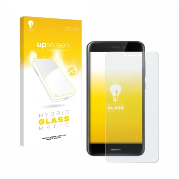 Face avant d’un emballage produit avec le logo de la marque upscreen. À côté, l’appareil Huawei P8 Lite 2017 est représenté av