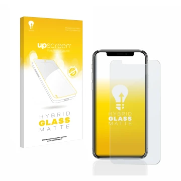 Face avant d’un emballage produit avec le logo de la marque upscreen. À côté, l’appareil Apple iPhone X est représenté avec la