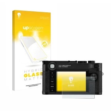 Face avant d’un emballage produit avec le logo de la marque upscreen. À côté, l’appareil Leica M10 est représenté avec la prot