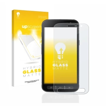 Face avant d’un emballage produit avec le logo de la marque upscreen. À côté, l’appareil Samsung Galaxy XCover 4 est représent