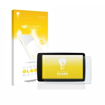 Face avant d’un emballage produit avec le logo de la marque upscreen. À côté, l’appareil BMW Motorrad Navigator VI est représe